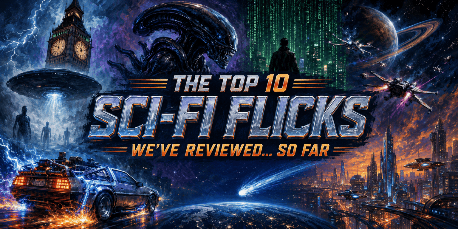 Promotional image for the top 10 sci-fi movies reviewed by 3 Guys and a Flic podcast.
