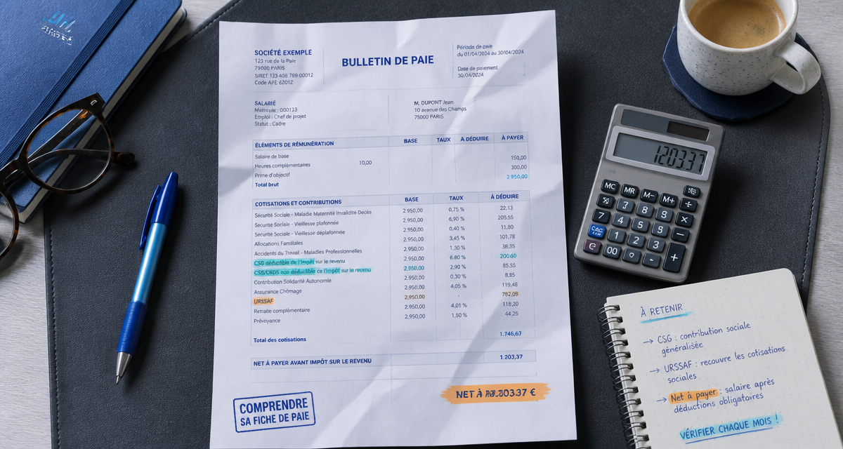 abréviation bulletin de salaire sur fiche de paie illustrée