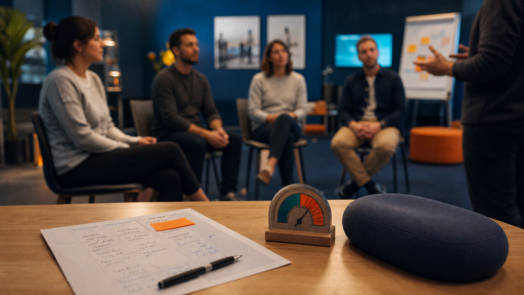 Atelier QVT en entreprise : collaborateurs en cercle en salle QVCT