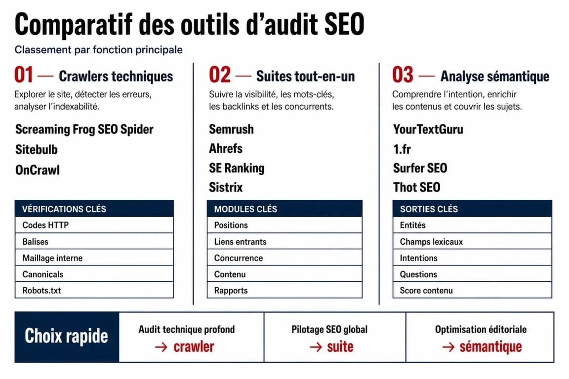 Infographie comparative des outils d'audit SEO par catégorie