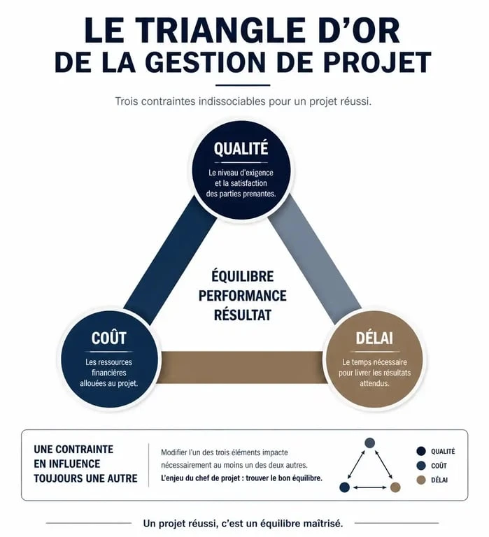 Schéma du triangle d'or de la gestion de projet illustrant l'équilibre entre qualité, coût et délai