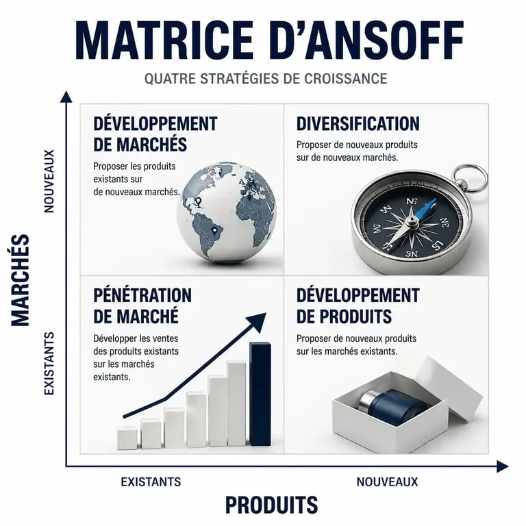 Schéma de la matrice d'Ansoff illustrant les quatre stratégies de croissance : pénétration de marché, développement de produits, développement de marchés et diversification.