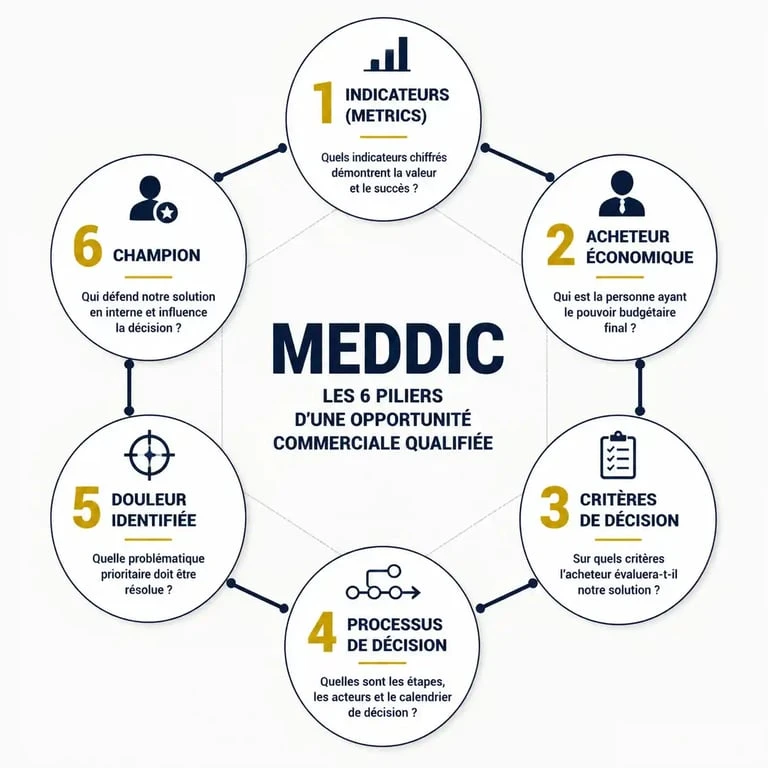Infographie des 6 piliers de la méthode MEDDIC pour la qualification commerciale B2B