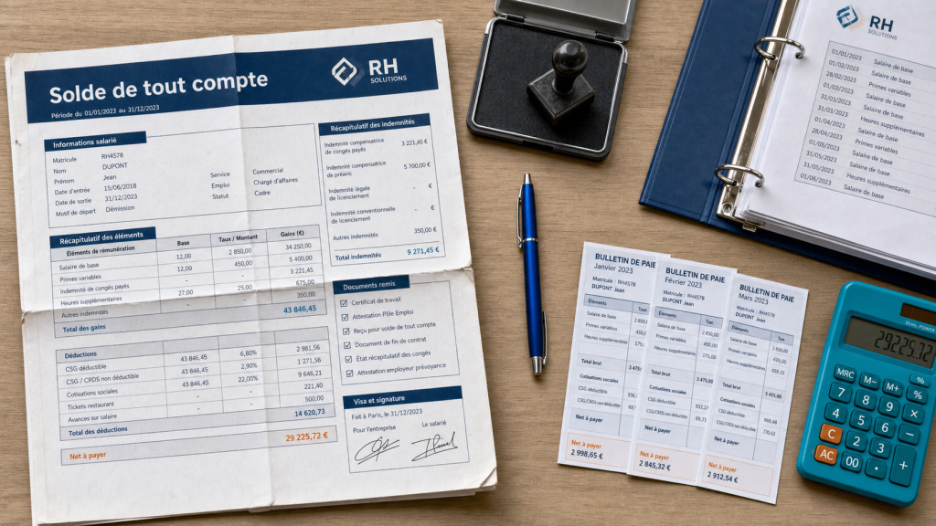 Feuille de calcul solde de tout compte, tampon encreur et bulletins de paie
