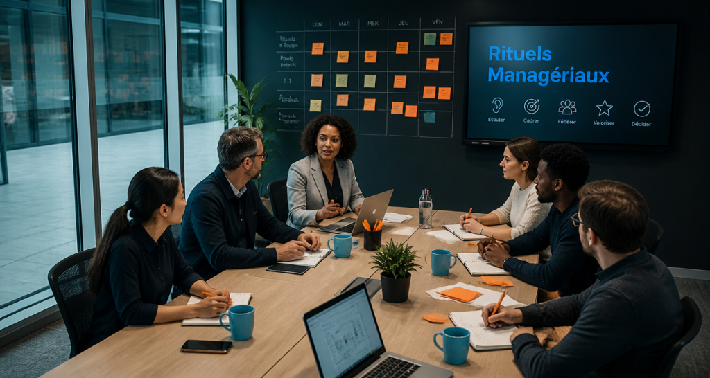 Équipe en réunion avec rituels managériaux