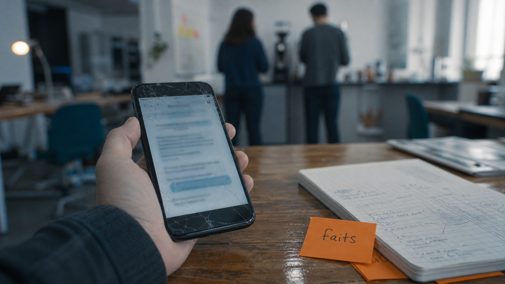 Collègue qui critique dans le dos : téléphone fissuré et faits, au bureau