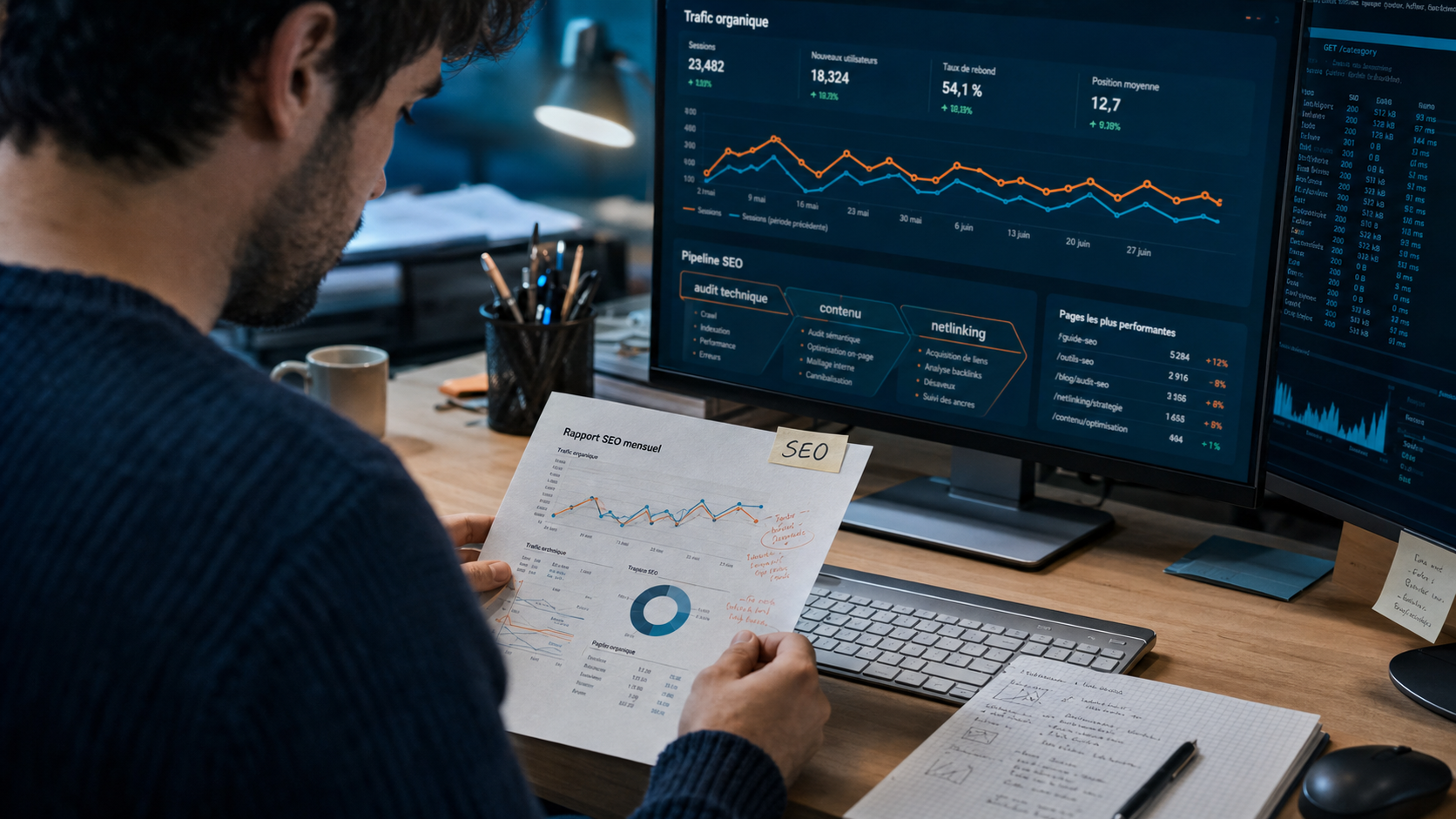 Emploi seo : consultant SEO lit un rapport d’audit