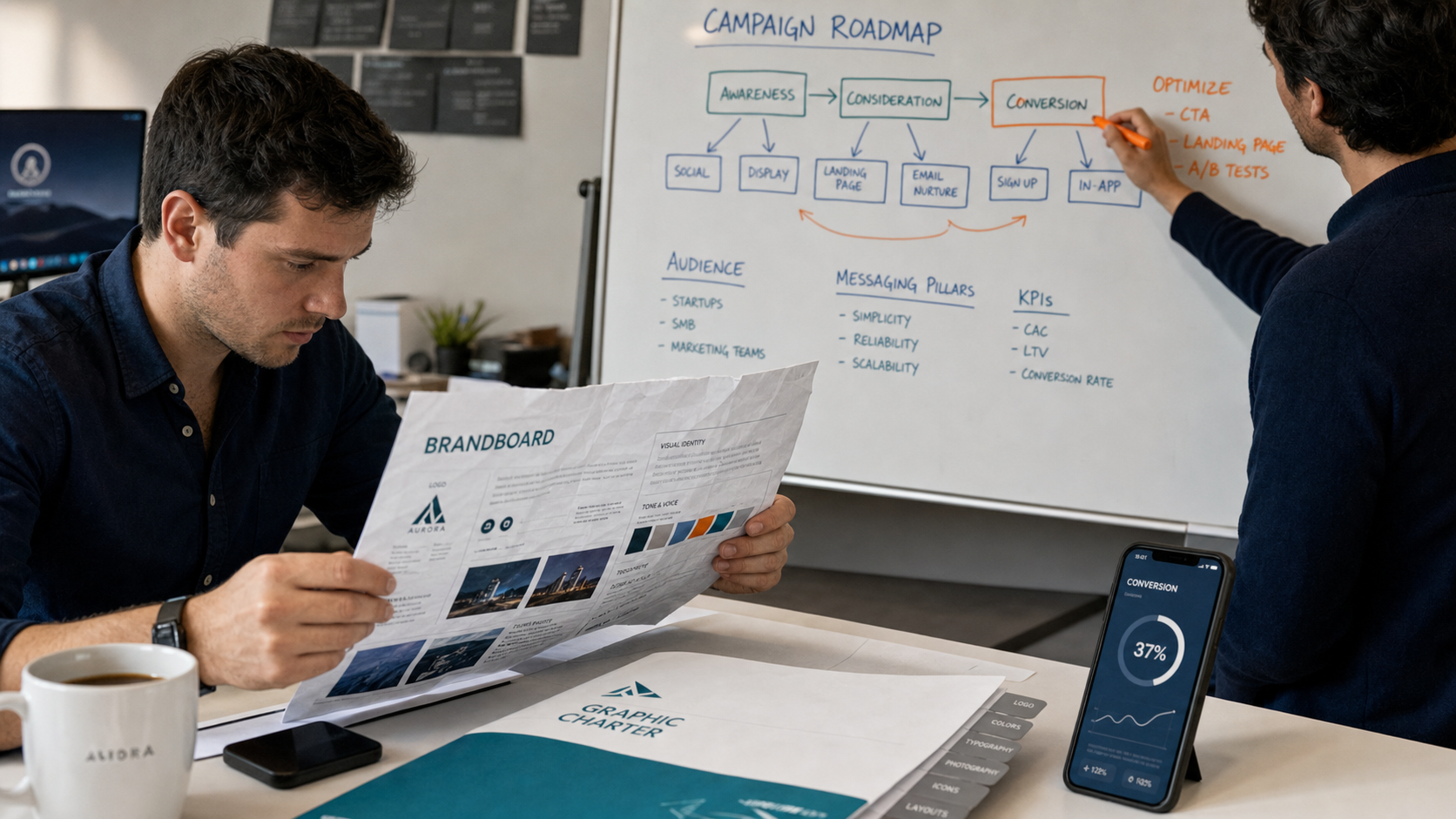 Marketing branding : responsable lit un brandboard et trace une charte