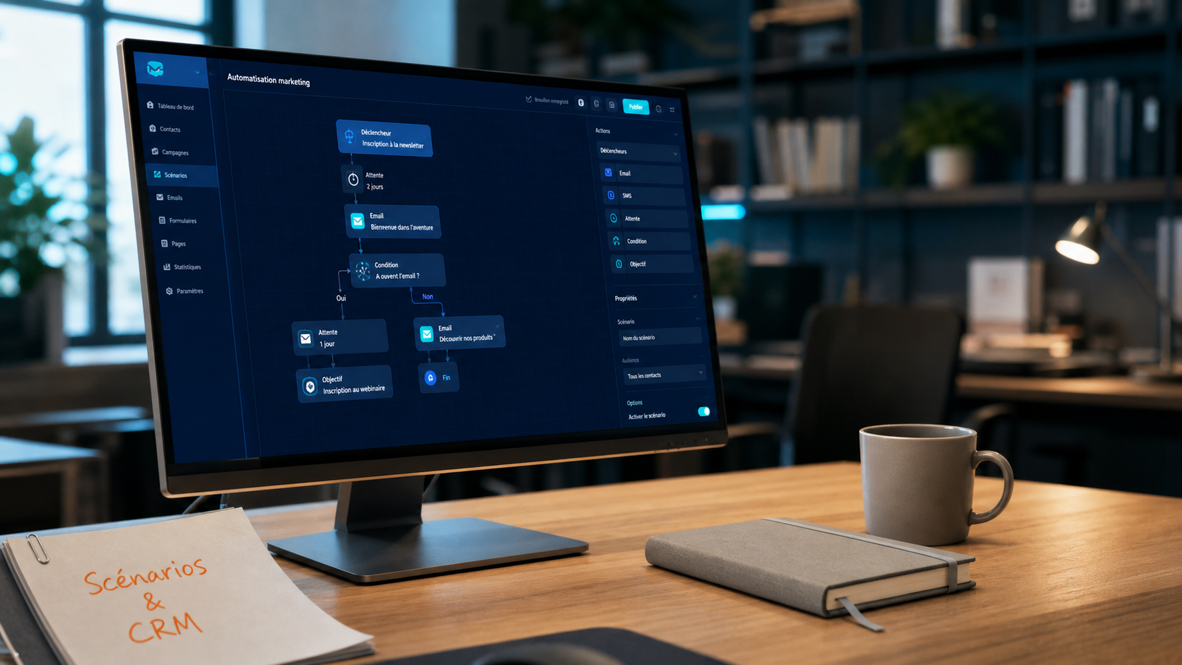 Solution marketing automation : workflow CRM sur écran, open space
