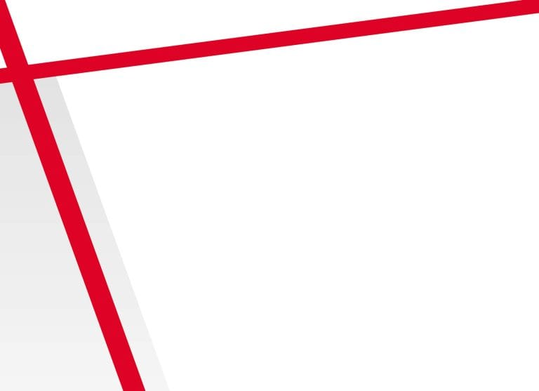 A minimalist geometric design with a white background featuring two intersecting red diagonal lines. The lines form a cross-like pattern, with one line running from the top left to the bottom right and another line running from the top right to the bottom left. The lines are bold, solid, and create strong angular divisions in the space. The composition is clean and modern, with sharp edges and clear geometric shapes. The red lines are twice as long as the white space between them, creating a striking contrast against the white background.