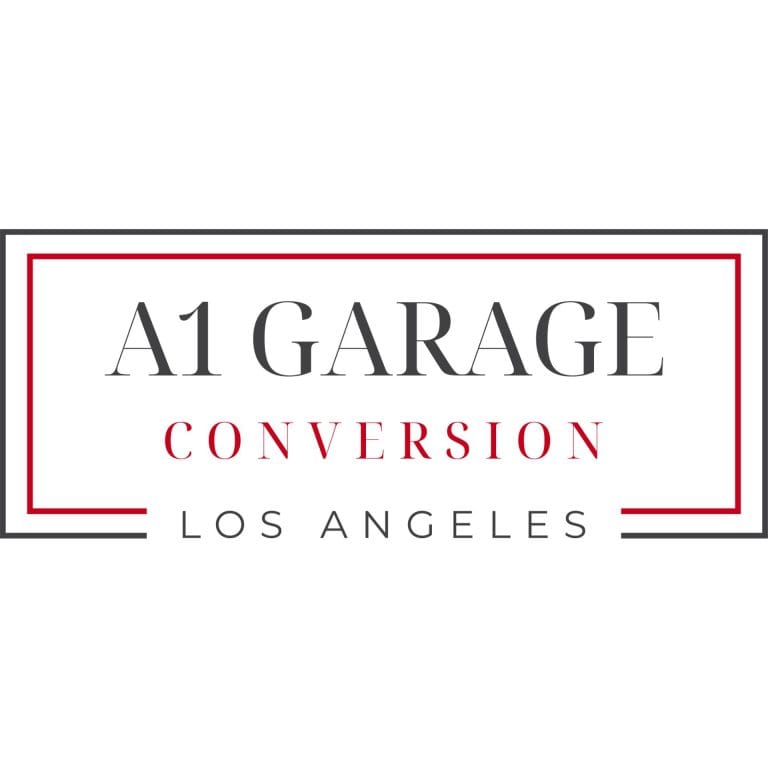 A minimalist business logo design for a garage conversion service. The text is arranged in a clean, modern layout with a black and red color scheme. The main text "A1 GARAGE" is in large black serif font, positioned in the center. Below it, the word "CONVERSION" is in smaller red serif font. At the bottom, the text "LOS ANGELES" is in black serif font, matching the size of "CONVERSION". The entire text is contained within a thin red border frame. The background is pure white. The design is centered in the frame and uses a sophisticated typography hierarchy with varying font sizes and weights. The contrast between the black and red text creates a professional, upscale appearance.