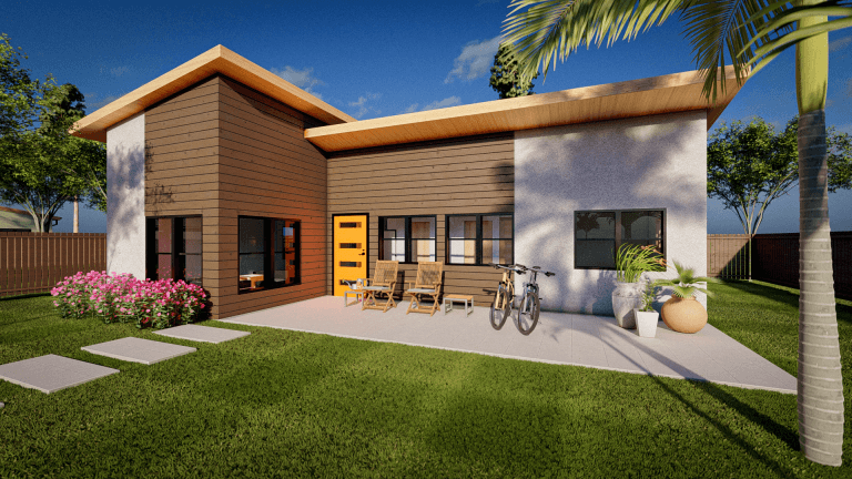 A modern architectural 3D rendering of a contemporary house with a split-level design. The left section has vertical brown wood siding and a peaked roof, while the right section has white stucco walls and horizontal brown wood accents. The house features large windows with black frames and a bright yellow front door. A concrete patio extends from the right side of the house with two wooden lounge chairs and a bicycle leaning against the wall. Pink flowering bushes line the left side of the patio, and a palm tree with green fronds stands on the right. The lawn is bright green and well-maintained. The scene is set against a bright blue sky with white clouds. A wooden fence is visible in the background. The architectural style combines modern and tropical elements with clean lines and natural materials. The lighting creates distinct shadows from the palm tree and architectural elements on the white stucco wall.