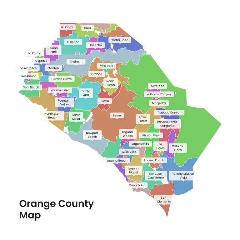 A detailed political map of Orange County, California showing city boundaries and neighborhoods in various colors. The map uses a color scheme of green, purple, blue, orange, brown, and turquoise to differentiate between different cities and regions. The title "Orange County Map" appears in black text at the bottom of the image. Each city and neighborhood is labeled with white text on a black background. The map shows major cities including Anaheim, Santa Ana, Huntington Beach, Costa Mesa, and Irvine, as well as smaller communities like Tustin, Fullerton, and Yorba Linda. The map has a clean, professional design with clear boundaries and consistent labeling. The map is set against a white background with a subtle gray border. The cities are arranged in a way that follows the natural geographical layout of Orange County, with coastal areas in the west and inland areas towards the east.