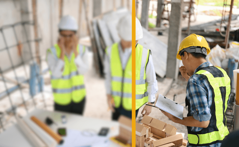 A split-screen construction site photograph. The left side shows two workers in high-visibility yellow safety vests and white hard hats examining blueprints on a table. The workers are wearing white protective clothing underneath their vests. The right side shows a worker in a blue plaid shirt and yellow hard hat reviewing documents while standing near construction materials. The background on both sides shows a construction site with scaffolding and building materials partially visible. The image has a warm, slightly desaturated color tone. The photograph is split by a vertical orange line running down the center. The lighting is natural and even, typical of an indoor construction environment. The workers are engaged in detailed inspection or planning activities, with their attention focused on the documents in front of them.