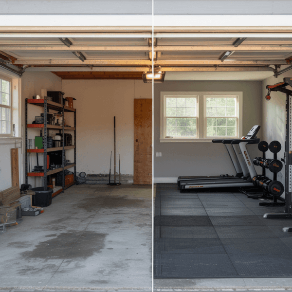 A before-and-after comparison of a garage converted into a home gym. The left image shows a cluttered garage with exposed concrete floor, orange metal shelving units against the left wall containing various equipment and boxes. The right image shows the same space after conversion, with a modern home gym setup featuring a black and silver power rack, a gray treadmill, and black rubber gym flooring covering the concrete. The walls are painted white, and there's a window on the far wall letting in natural light. The ceiling shows exposed garage door tracks and lighting fixtures. The shelving units are partially visible in both images, containing exercise equipment and storage items. The concrete floor in the before image is dirty and has oil stains. The after image shows a clean, organized space with professional-grade fitness equipment. The garage door frame is visible at the top of both images, showing the white trim against the light-colored siding of the house.