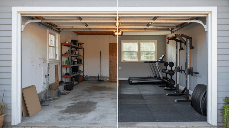 A before-and-after comparison of a garage converted into a home gym. The left image shows a cluttered garage with exposed concrete floor, orange metal shelving units against the left wall containing various equipment and boxes. The right image shows the same space after conversion, with a modern home gym setup featuring a black and silver power rack, a gray treadmill, and black rubber gym flooring covering the concrete. The walls are painted white, and there's a window on the far wall letting in natural light. The ceiling shows exposed garage door tracks and lighting fixtures. The shelving units are partially visible in both images, containing exercise equipment and storage items. The concrete floor in the before image is dirty and has oil stains. The after image shows a clean, organized space with professional-grade fitness equipment. The garage door frame is visible at the top of both images, showing the white trim against the light-colored siding of the house.