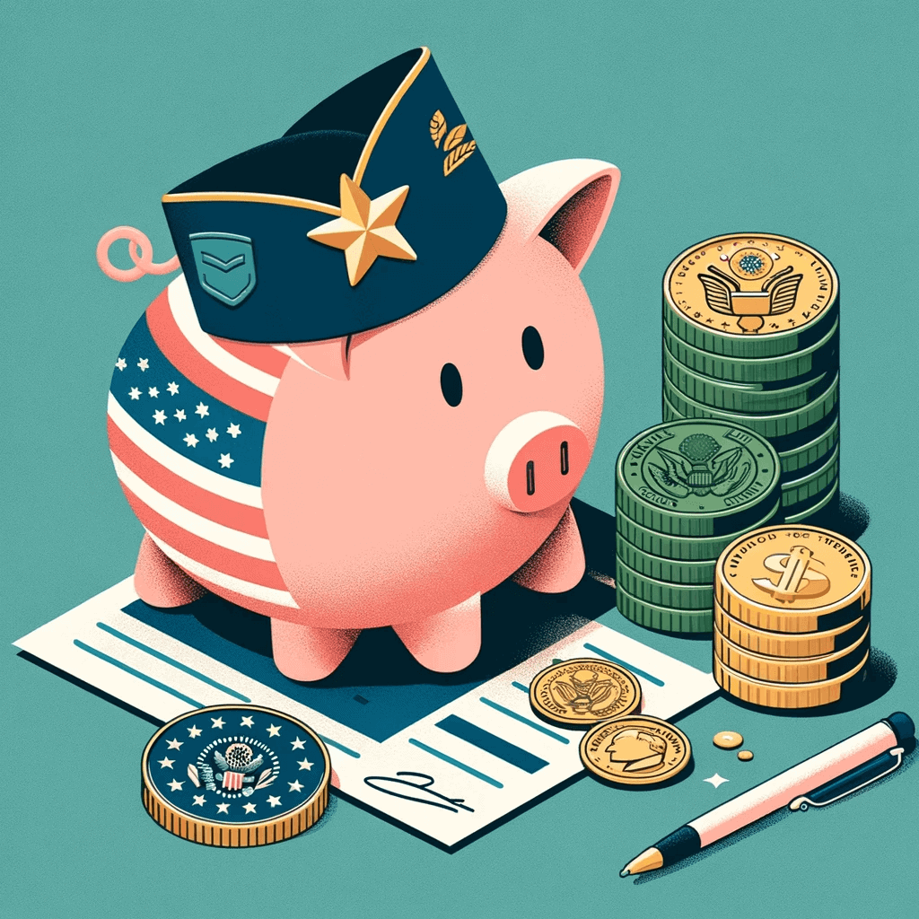 Illustration of a piggy bank draped with an American flag and wearing a military cap, standing on a document next to stacks of coins with military insignias and a pen, symbolizing tax benefits for veterans in Mississippi.