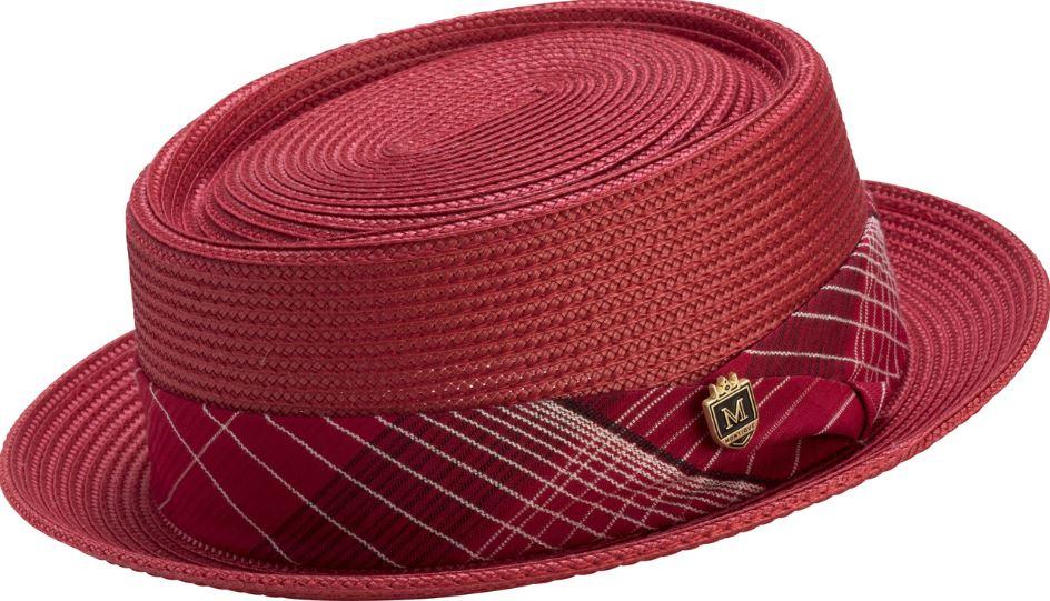 Montique H-1741 Mens Straw Pork Pie Hat Red
