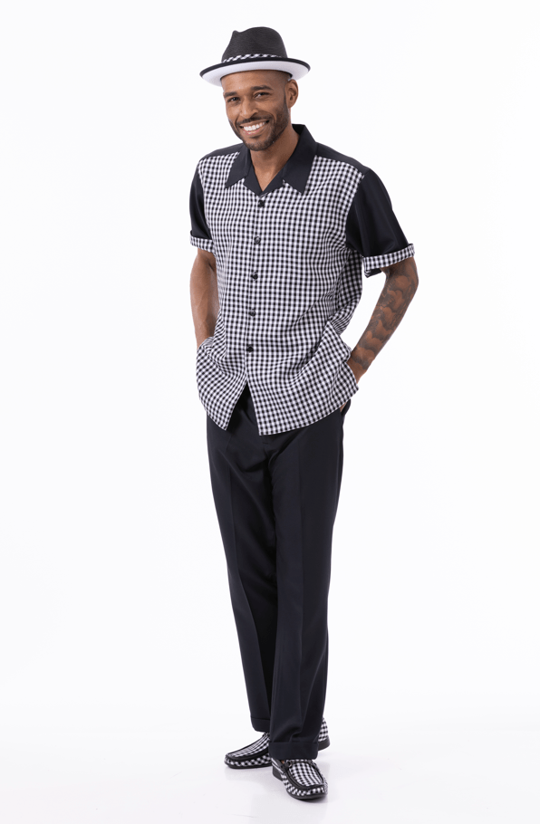montique-2316-mens-walking-suits-black-checkered-short-sleeve-mens-two-piece-leisure-suits