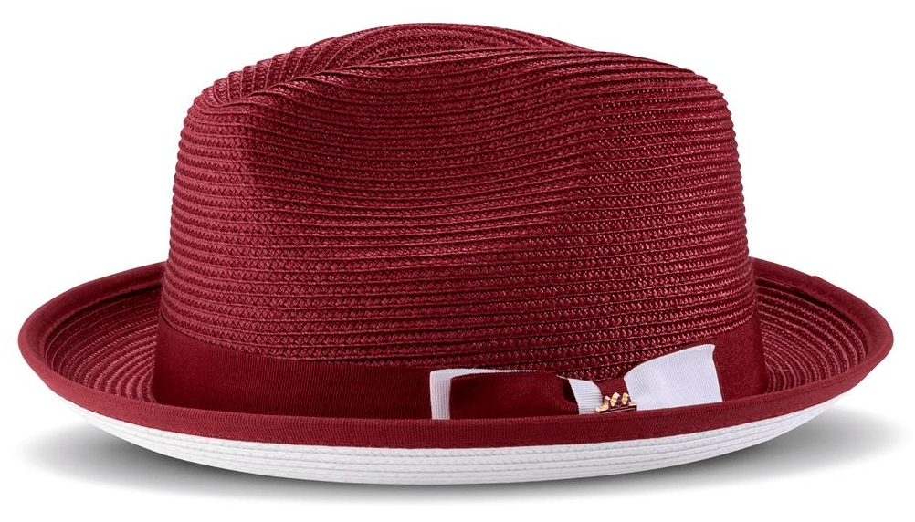 montique-h78-mens-straw-hat-burgundy-white-bottom-braided-stingy-brim-pinch-fedora-hat
