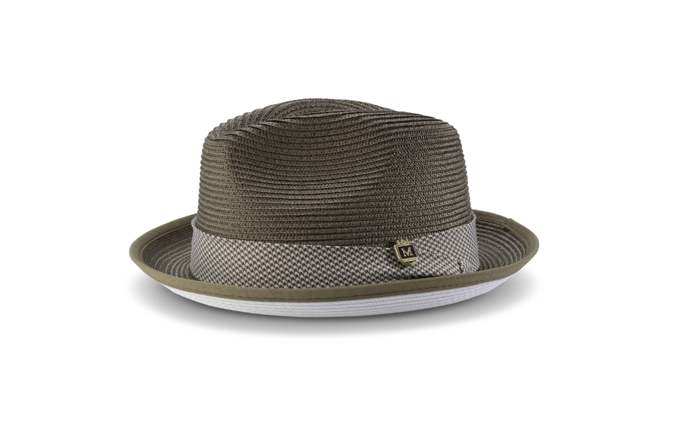 montique-h-2317-mens-straw-hat-olive-white-bottom-braided-stingy-brim-pinch-fedora-matching-hat