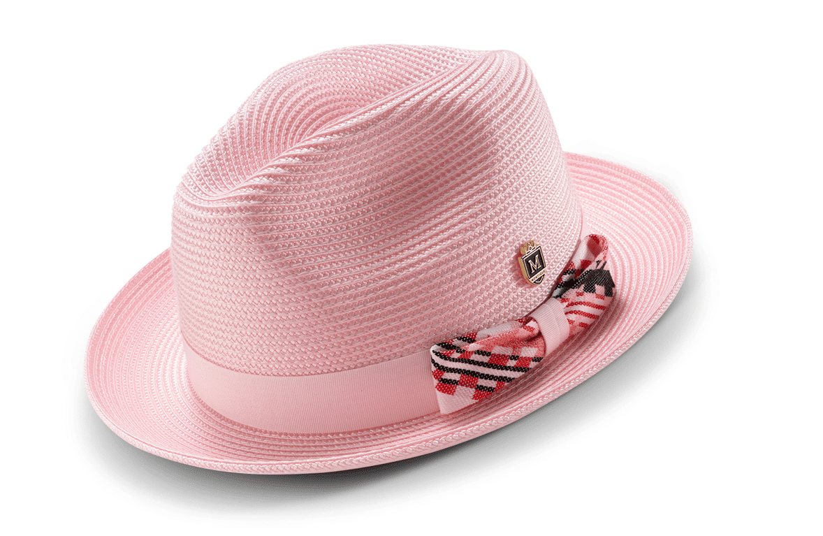 montique-h-2401-mens-straw-hat-pink-braided-stingy-brim-pinch-fedora-matching-ha