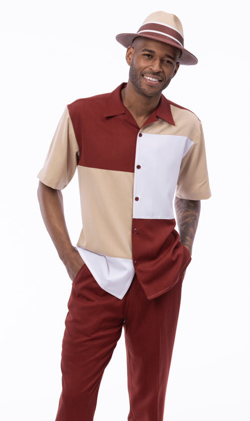 montique-2519-mens-walking-suits-wine-beige-color-block-short-sleeve-mens-leisure-suits