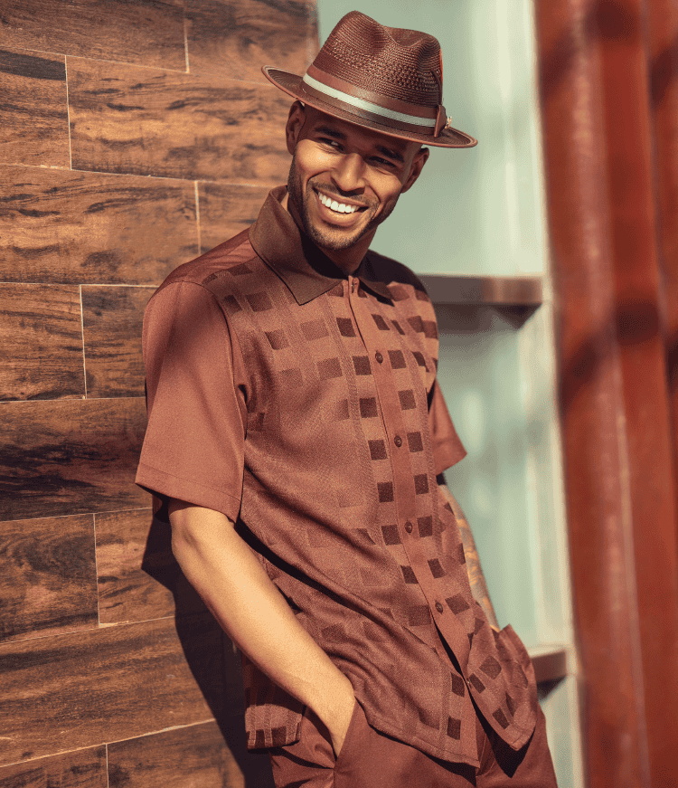 Montique-2607-mens-walking-suits-brown-short-sleeve-mens-two-piece-leisure-suits