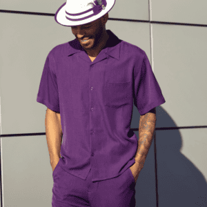 Montique-696-mens-walking-suits-dark-purple-solid-short-sleeve-mens-two-piece-leisure-suits