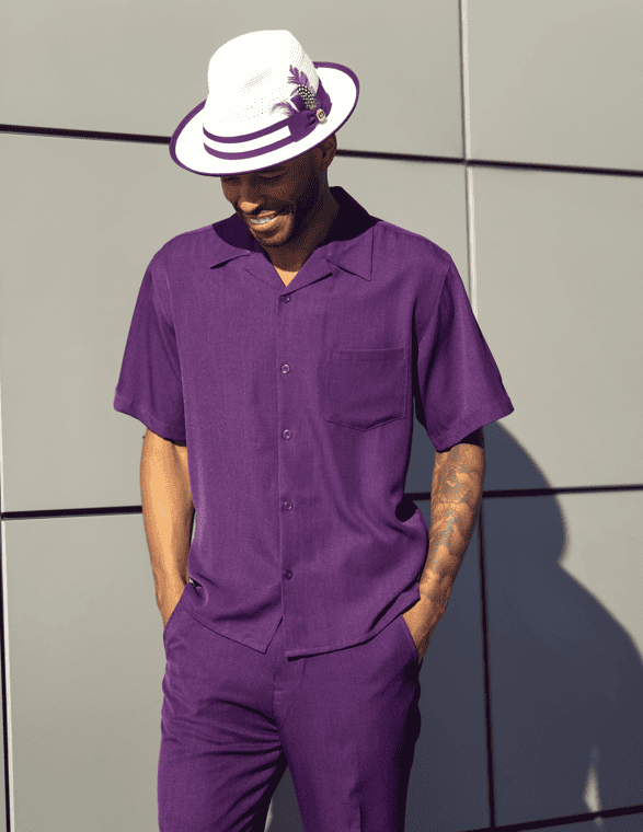 Montique-696-mens-walking-suits-dark-purple-solid-short-sleeve-mens-two-piece-leisure-suits