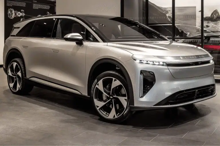 Luxury electric SUV displayed in a showroom, showcasing advanced EV technology and sleek design elements.