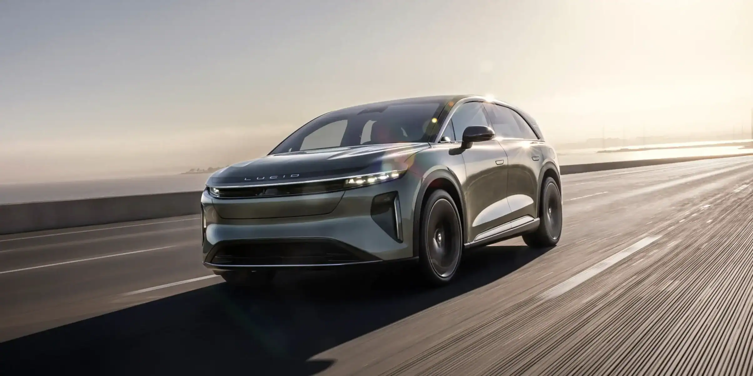 Luxury electric SUV lucid gravity driving on road