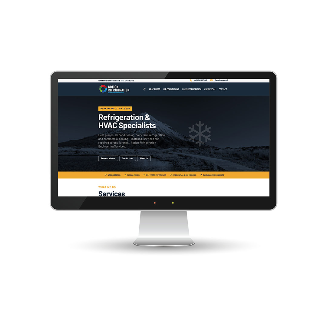 Computer monitor displaying Action Refrigeration & HVAC website homepage.