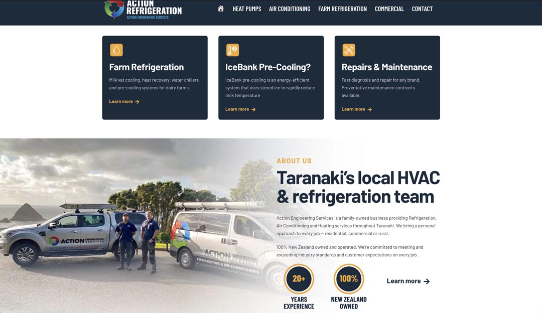 HVAC and refrigeration team working outdoors with Action Refrigeration vehicles.