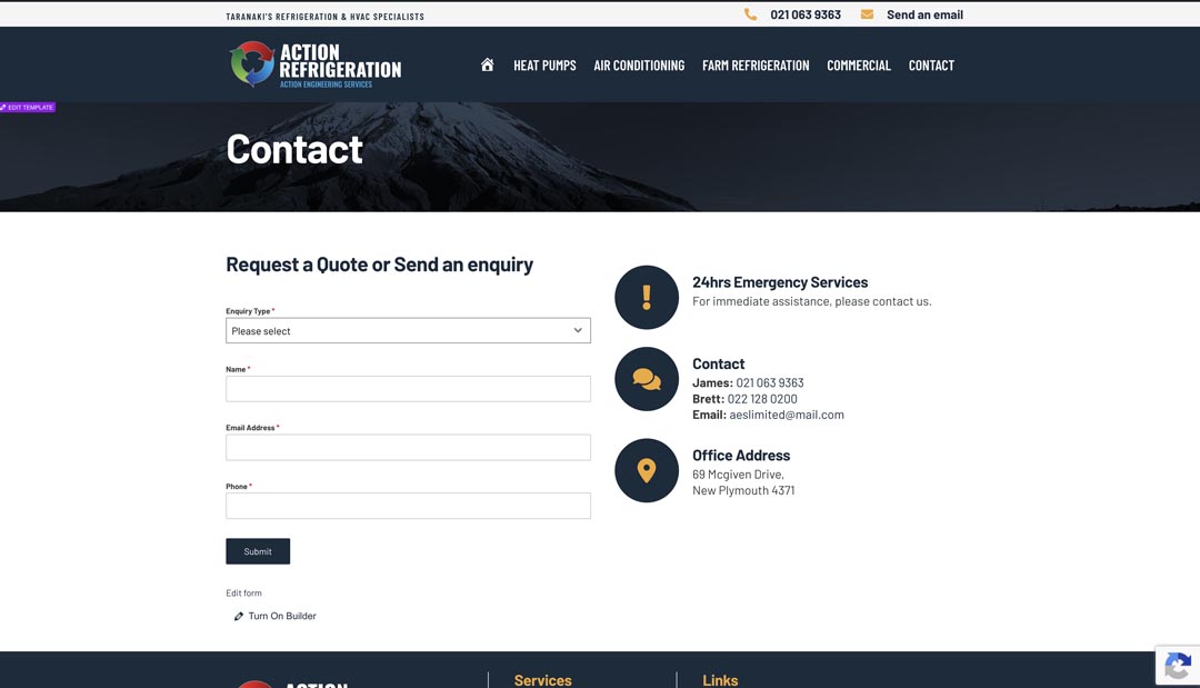 Contact page of Action Refrigeration with emergency services info.
