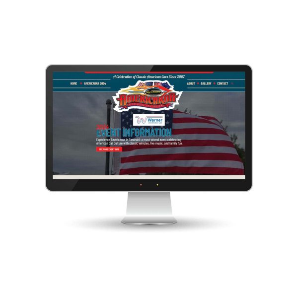 American Car Culture event website on desktop screen, featuring classic cars and American flags.