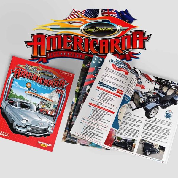 Vibrant Americana-themed event brochures featuring classic cars, flags, and patriotic designs for cultural celebrations.
