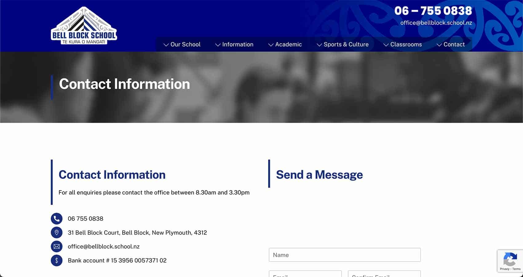 Indoor school office contact details at Bell Block School, New Plymouth, NZ.
