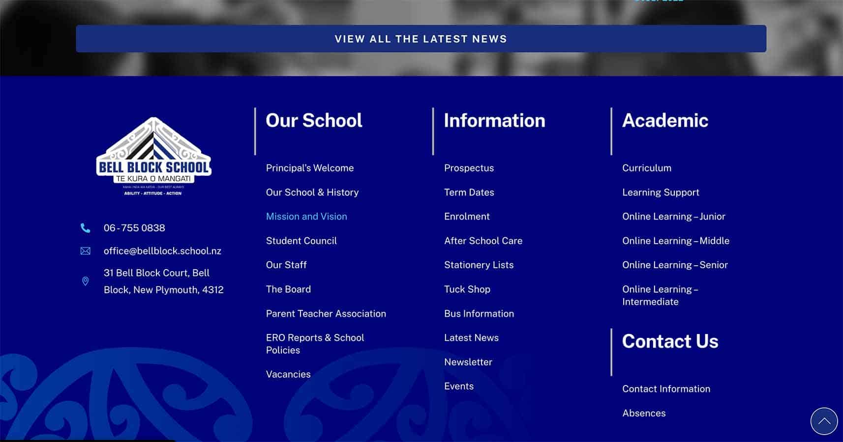 School logo of Bell Block School showing Māori design elements and school name.