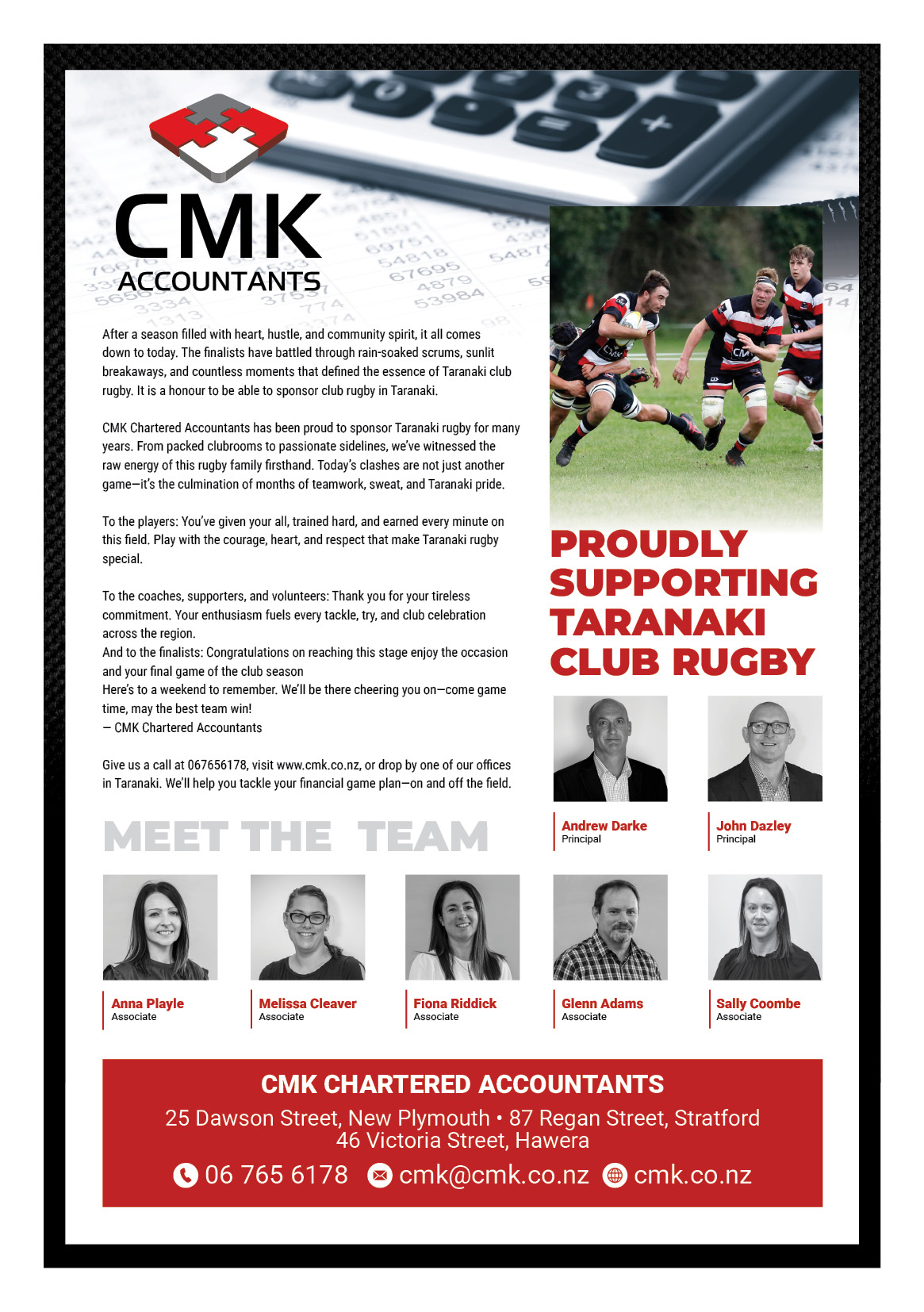 CMK Accountants logo with Taranaki rugby team photo and contact details.