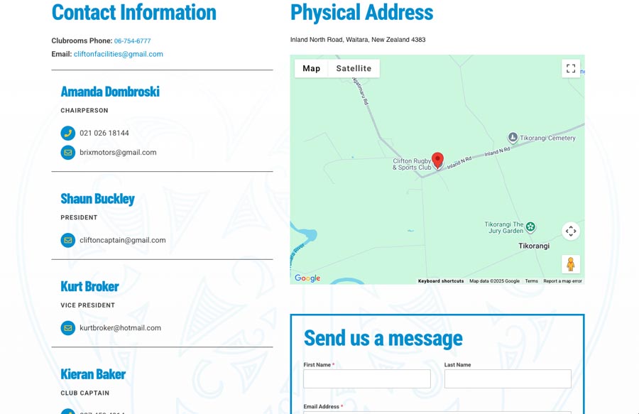 Clifton Rugby Club contact information and map in Waitara, NZ for sports facilities.