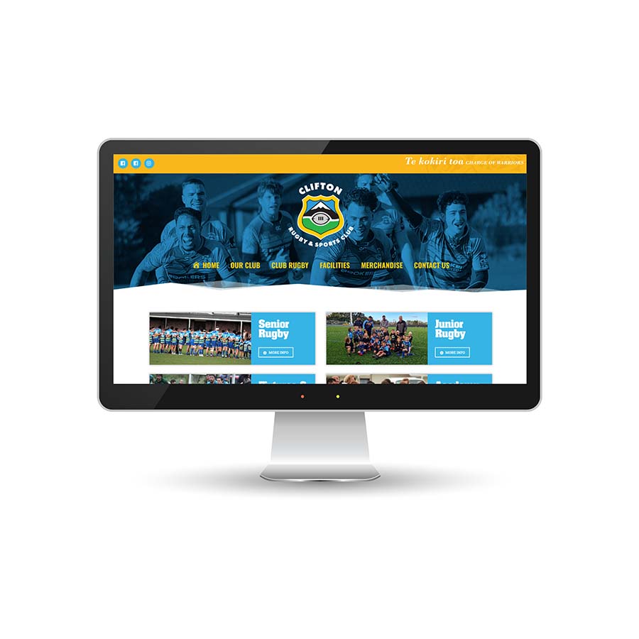 Alt text: Clifton Rugby Club website homepage showcasing teams and club information in NZ.