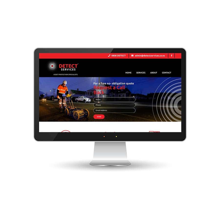 Detect Services Detect security services website homepage with a security guard inspecting outdoors.