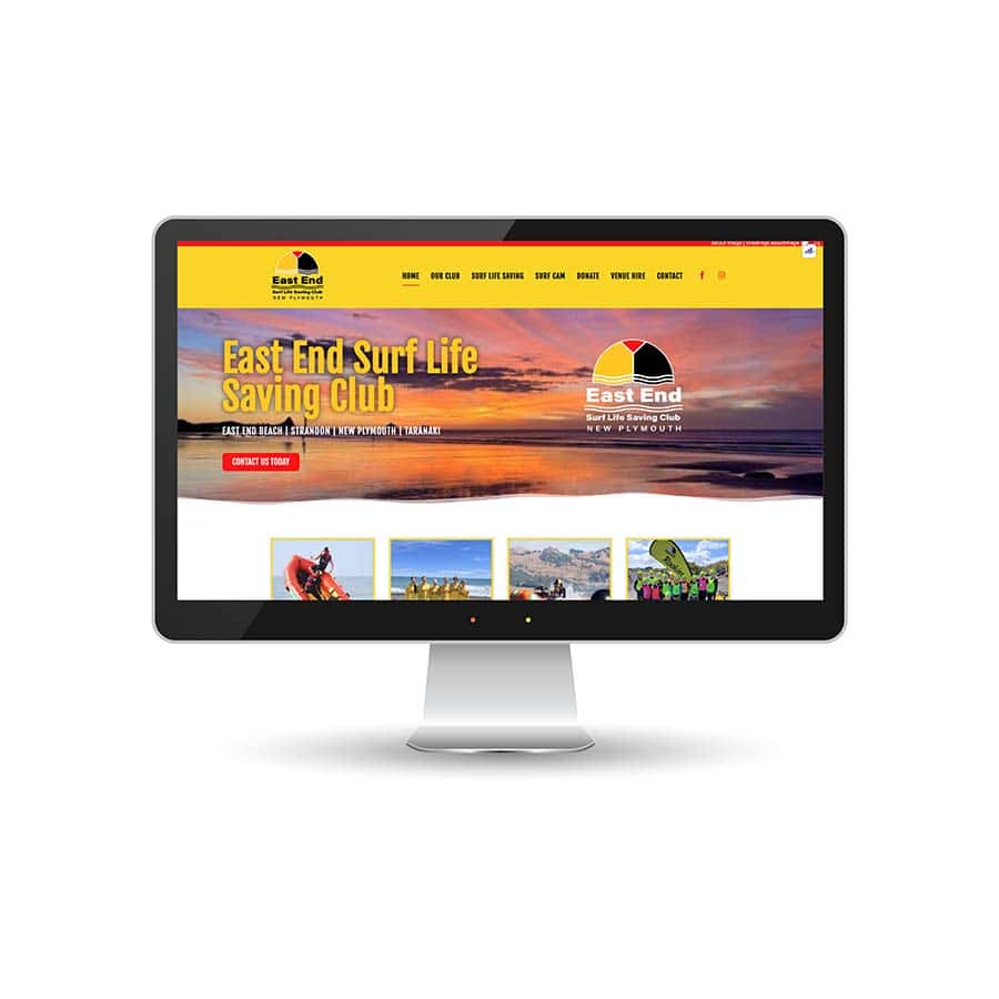 East End Surf Life Saving Club websites East End Surf Life Saving Club website homepage on desktop screen, showcasing local New Zealand beach safety and surf community.