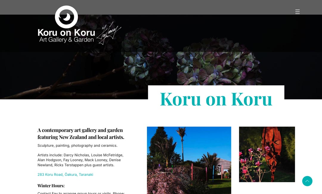 Koru on Koru art gallery and garden with lush plants and sculptures in New Zealand.