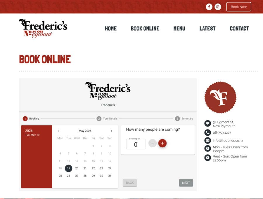 Online booking interface for Frederic's N Egmont restaurant in New Plymouth, NZ.