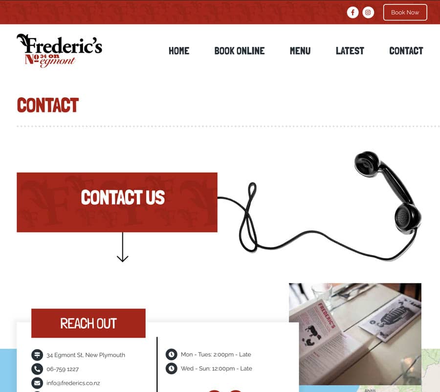 Contact section with phone icon and address details at Frederic's restaurant.