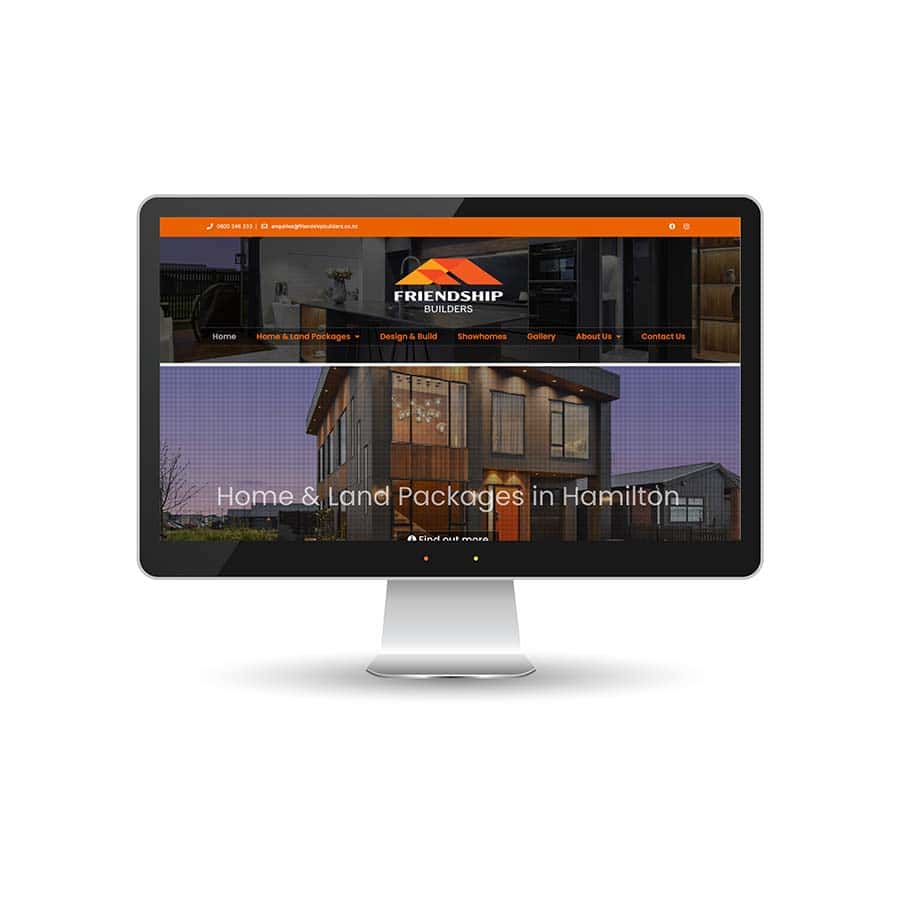 Friendship Builders Website Modern home builder website displaying Hamilton house design packages and showhomes.