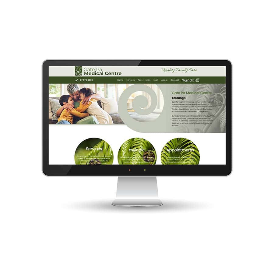 Gate Pa Web Laptop displaying a medical centre website in New Zealand, focusing on healthcare services.