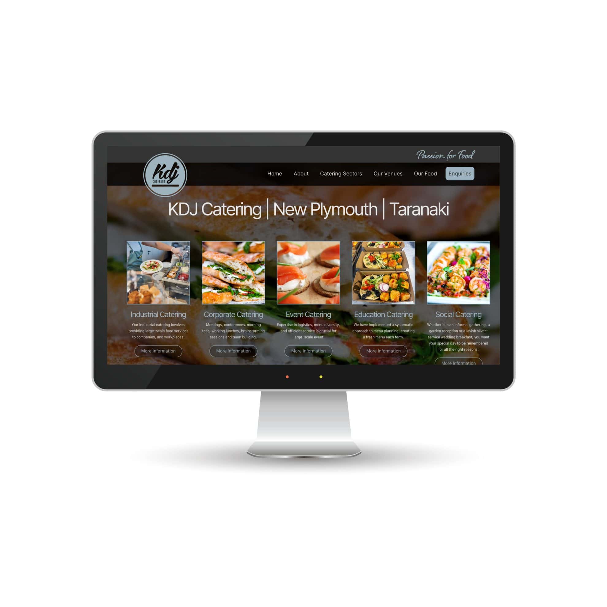 KDJ-CATERING-websites High-quality catering website homepage on computer screen showcasing food services in New Plymouth and Taranaki.